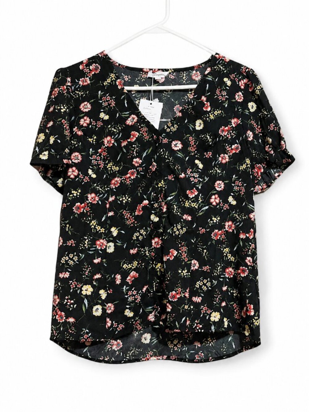 NWT Mittoshop Black Floral V-Neck Blouse Large Boutique Top